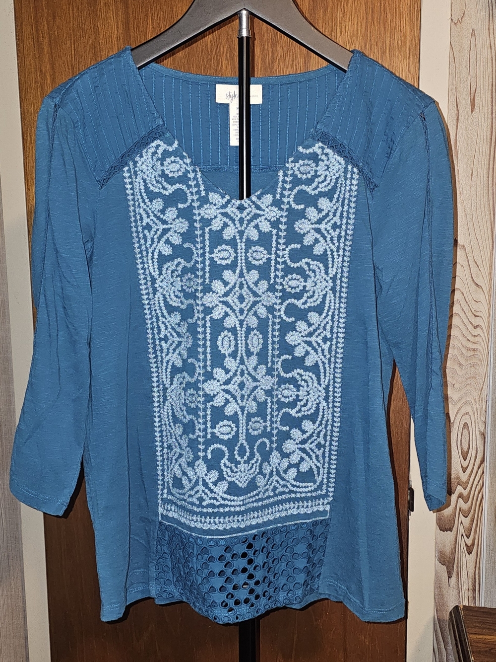 Style & Co. Teal Blue Petite Top with White Embroidered Front Panel
